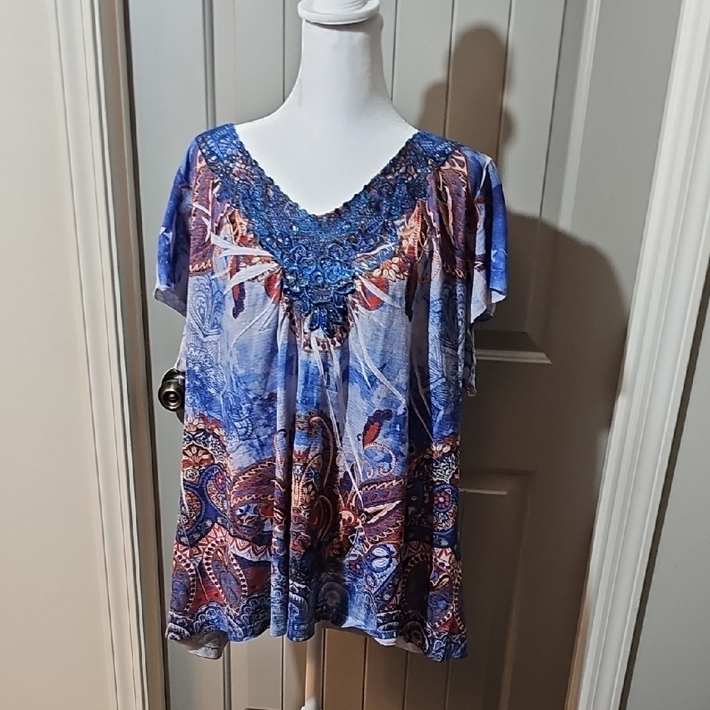 Apt. 9 Blue Embellished Short Sleeve Blouse